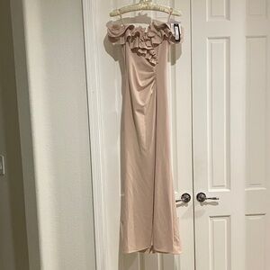 Off Shoulder Gown Stretch Scuba Crepe Ruffle Ruched, 4, Bush, Peach, Formal
